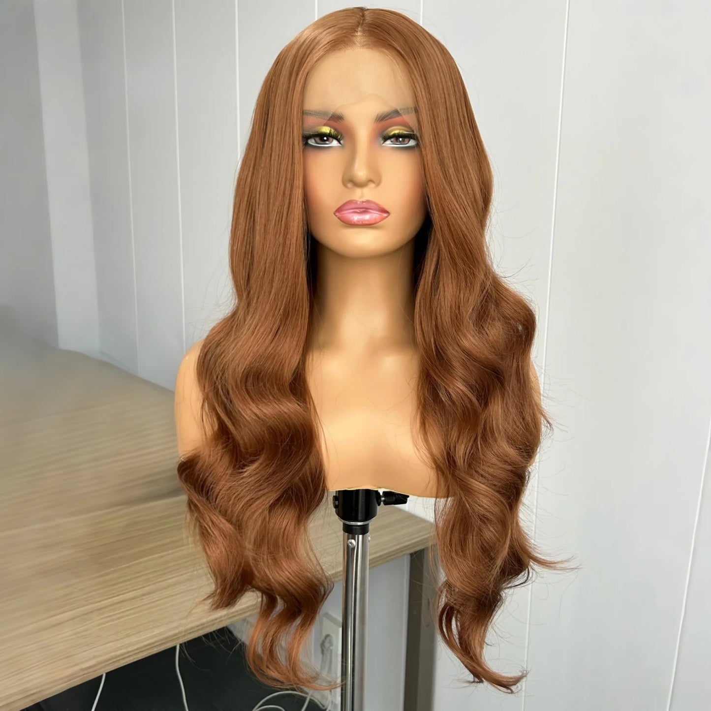 Ginger Brown Long Body Wave Synthetic Middle Part Natural Curly Loose Wavy Reddish Brown Heat Resistant Fiber Wigs for Women