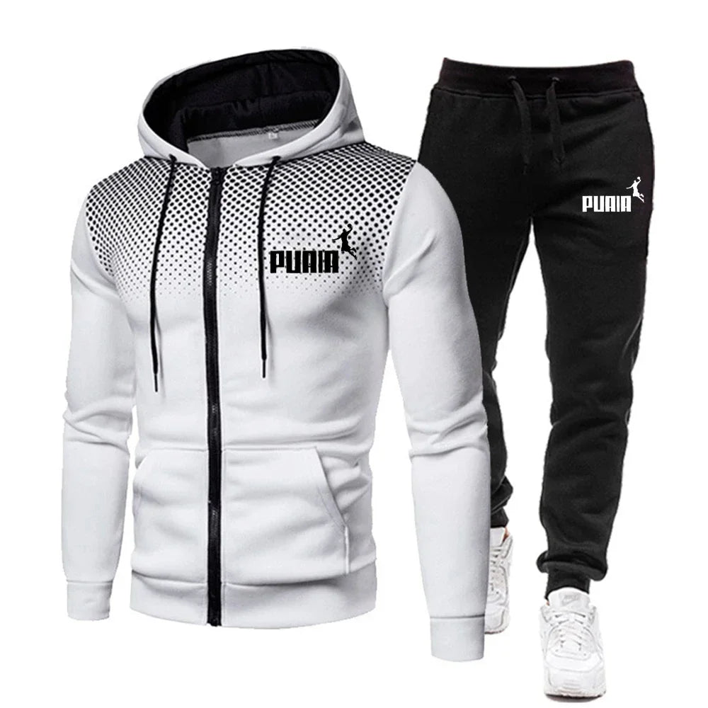 2025 New men's sportswear hooded printed top + leisure entertainment trend polka dot fast run leisure fitness sportswear set
