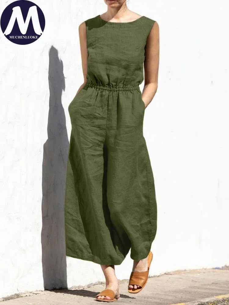 Jumpsuits for Women 2025 Summer Solid Sleeveless Long Jumpsuit Fashion Casual High Waisted Loose Wide Leg Pants Women's Clothing