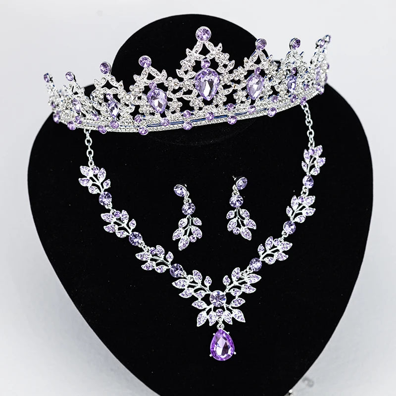 Luxury Silver Crown Necklace and Earring Set for Women, Purple Teardrop Tiara with Leaf Choker and Dangle Earrings, Wedding Prom