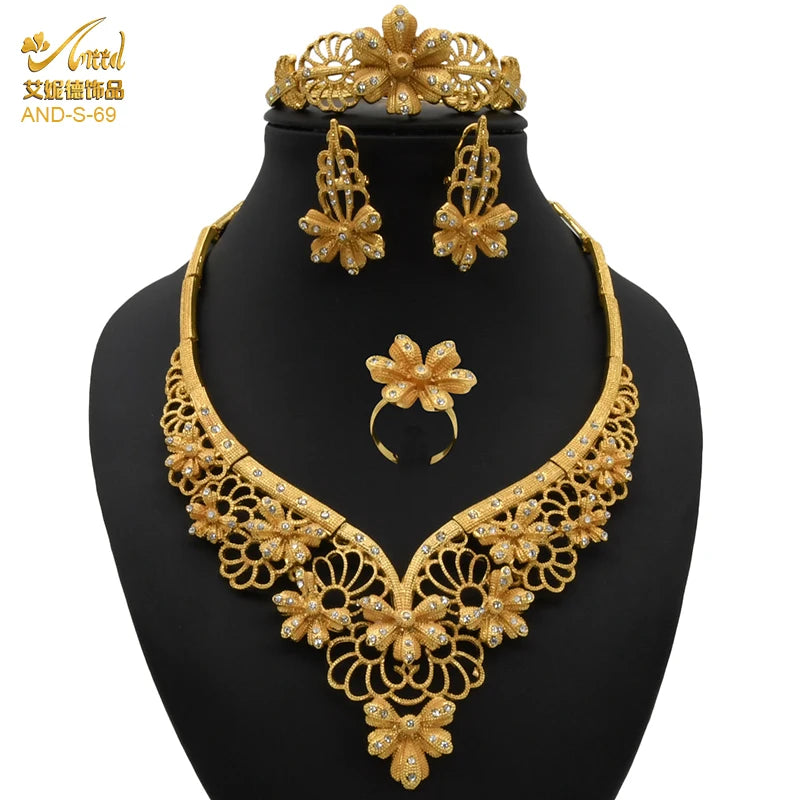 ANIID African Jewelery Sets Flower Earrings Choker Necklace Bracelet Hawaiian Indian Dubai Golden Jewelry For Women Accessories
