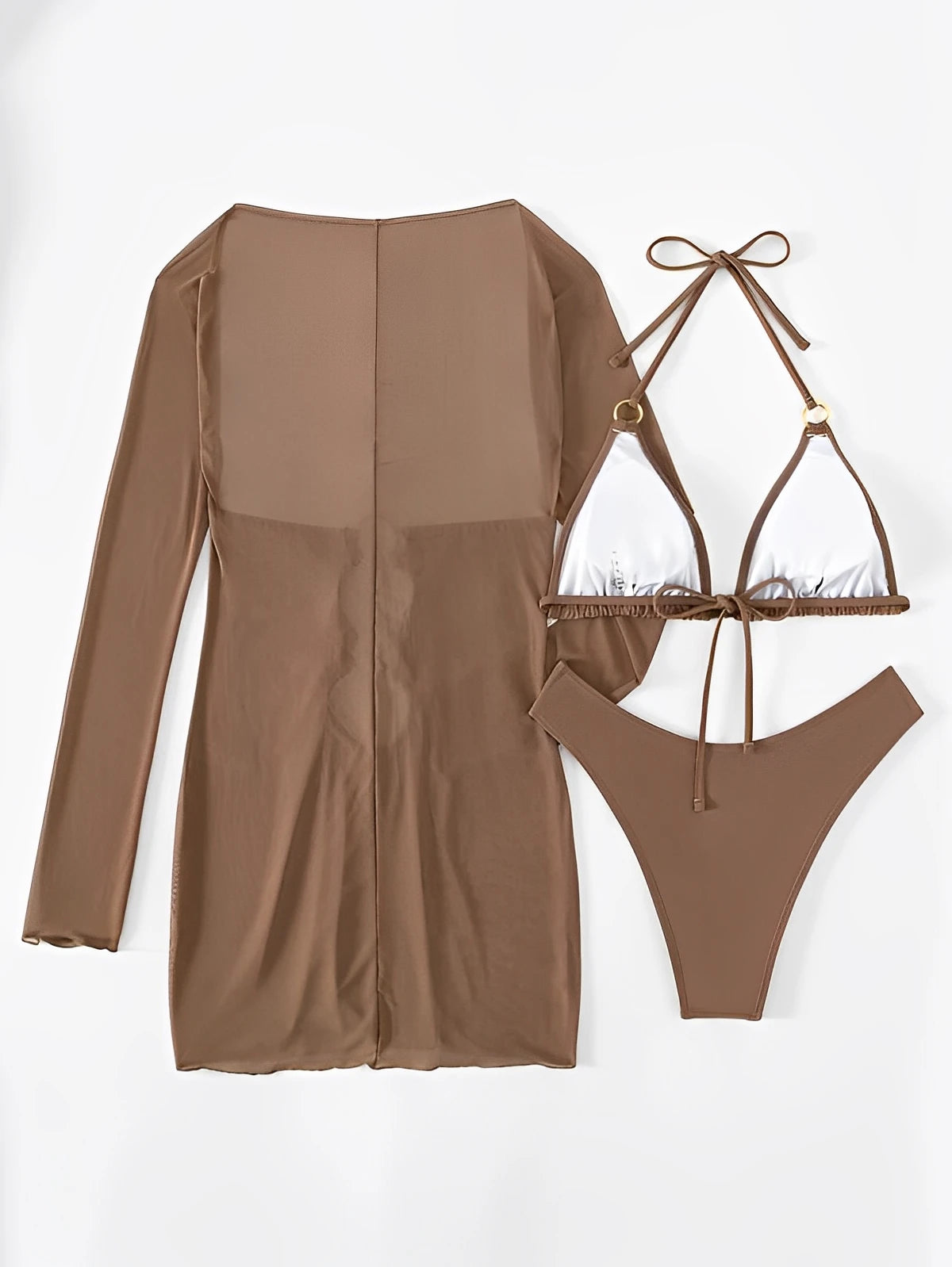 3 Pieces Ring Link Bikini 2025 Women Triangle Swimwear Female Halter Swimsuit Solid Beachwear Bathing Swimming Suit Summer