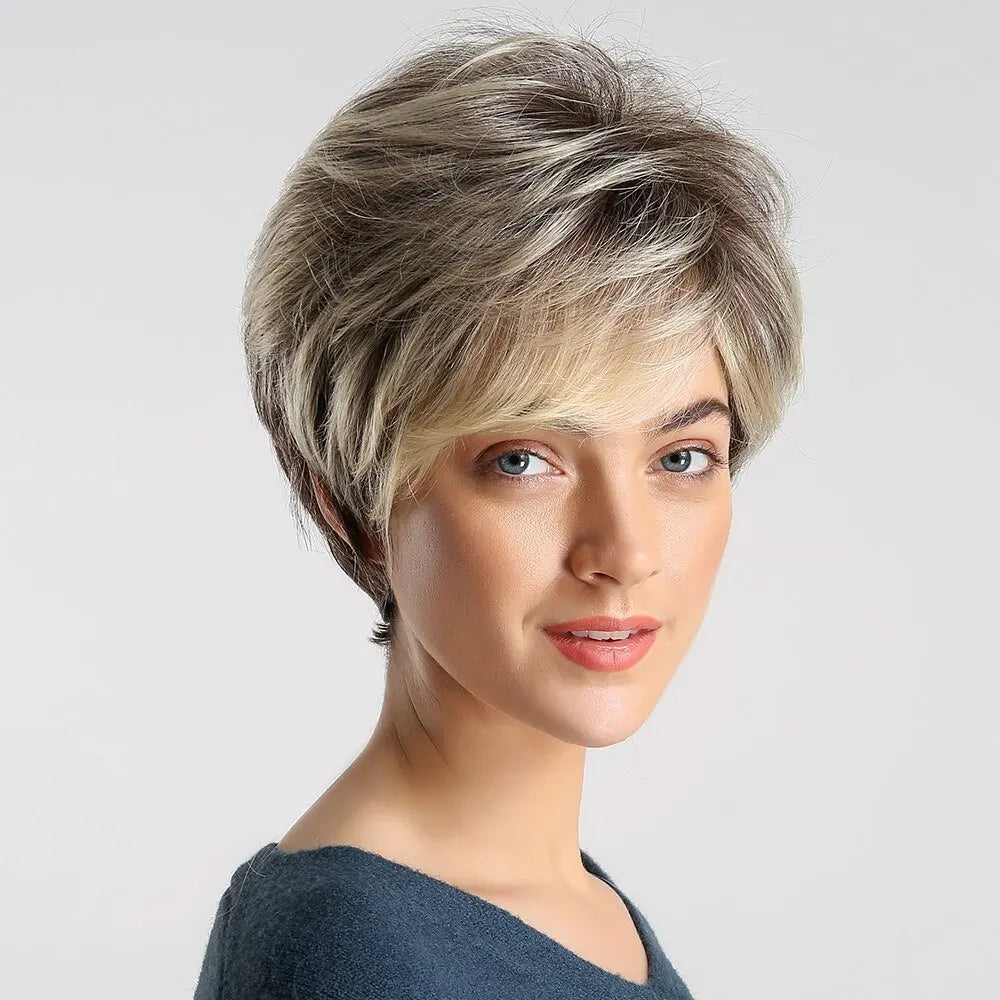 Short Pixie Cut Synthetic Wigs For Women Brown Mixed Blonde Wigs With Bangs Natural Looking Daily Use Hair Heat Resistant Fiber