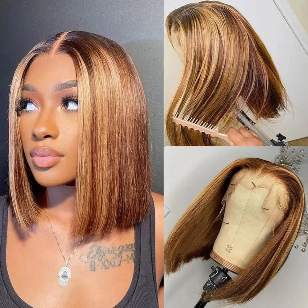 Highlight 4/27 Straight Short Bob Wigs Ombre Human Hair Wigs Brazilian Bone Straight Bob Wigs Human Hair 13x4 Lace Frontal Wigs