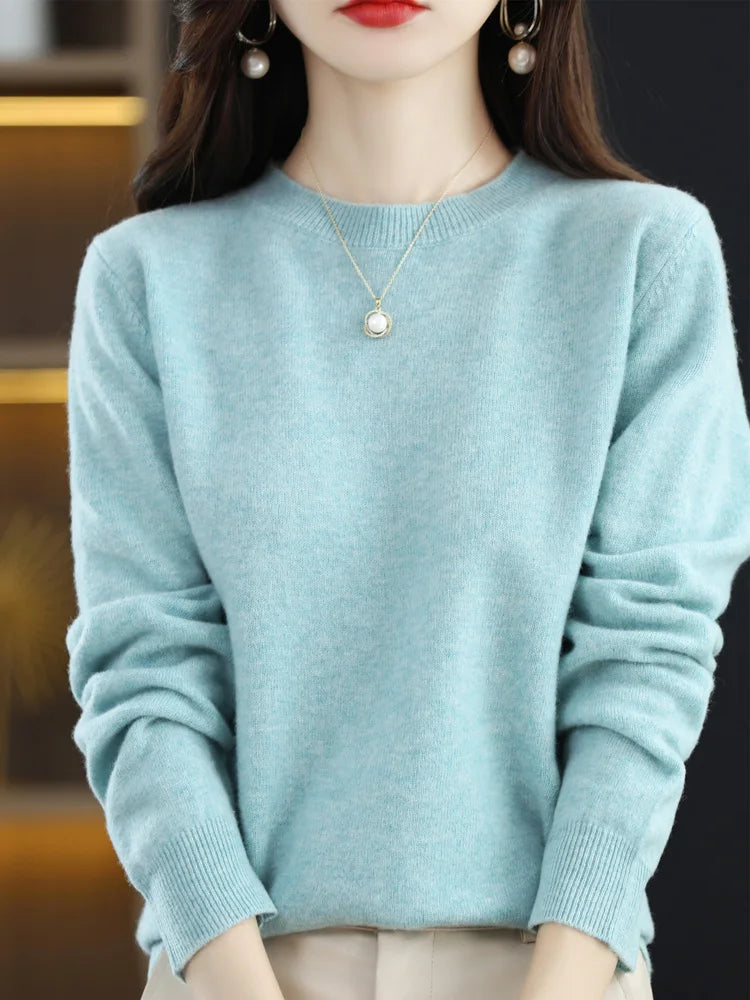 Autumn Winter Women Clothing Pullover New Fashion 100% Merino Wool Sweater Cashmere Tops Basic O-Neck Long Sleeve Knitwear