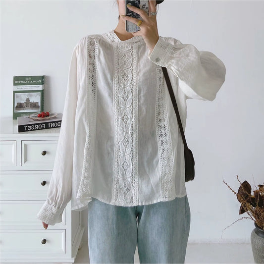New Korean Linen Womens Tops and Blouses 2025 Autumn Vintage Hollow Out Loose Solid Color Female Shirts