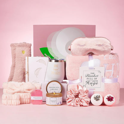 Birthday Gifts for Women, Get Well Soon & Self Care Gifts for Women, Relaxing Spa Gifts Basket with Luxury Flannel Blanket, Thanks Mothers Day Gifts for Mom Her Friend Sister Wife Grandma