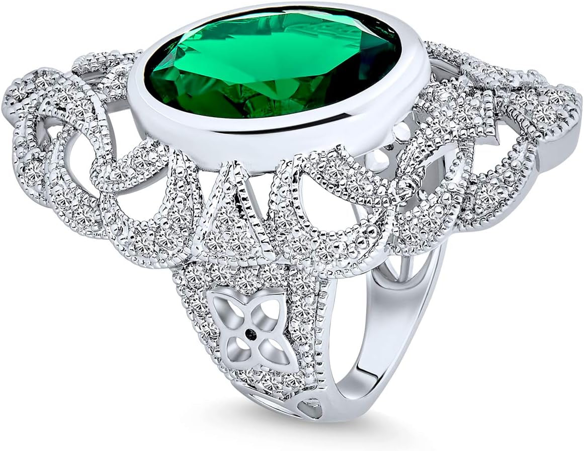 Art Deco Antique Boho Vintage Style Black White Blue Green Filigree Pave CZ Wide Heart Long Full Finger Fashion Statement Ring Cubic Zirconia for Women Rhodium Silver Plated Brass
