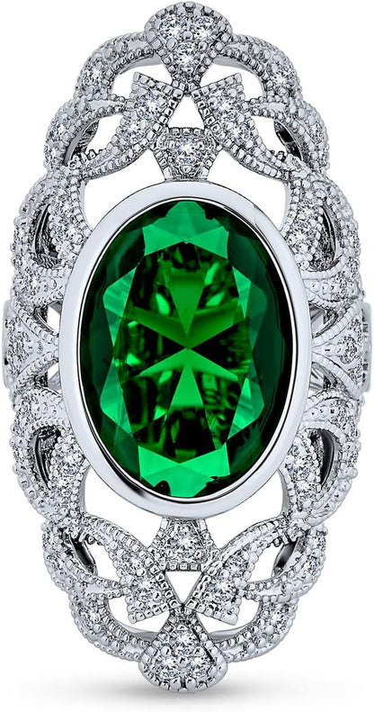 Art Deco Antique Boho Vintage Style Black White Blue Green Filigree Pave CZ Wide Heart Long Full Finger Fashion Statement Ring Cubic Zirconia for Women Rhodium Silver Plated Brass