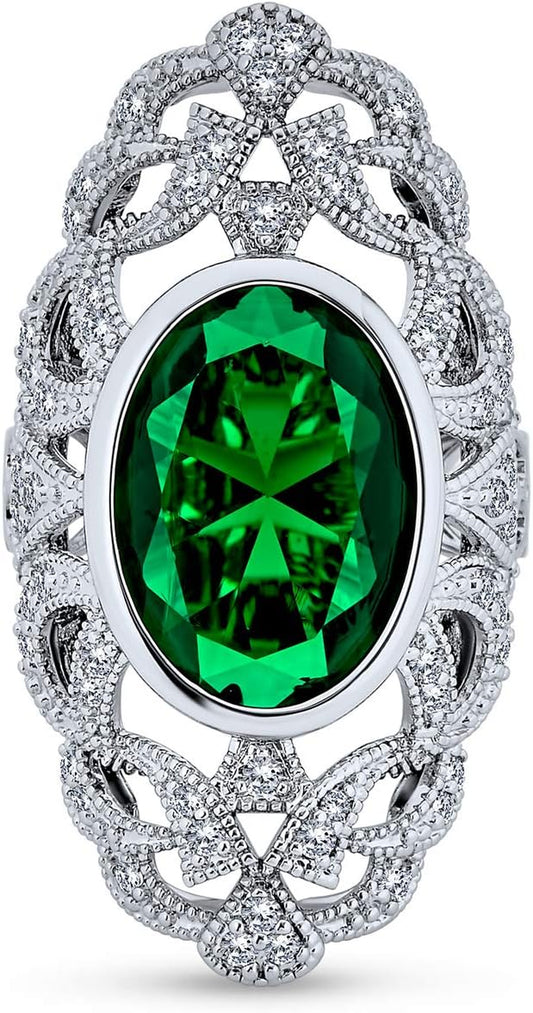 Art Deco Antique Boho Vintage Style Black White Blue Green Filigree Pave CZ Wide Heart Long Full Finger Fashion Statement Ring Cubic Zirconia for Women Rhodium Silver Plated Brass