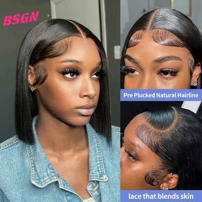 180% Short Bob Human Hair Wigs 13X4 HD Transparent Lace Frontal Human Hair Wigs For Women Pre Plucked High Quality Glueless Wigs