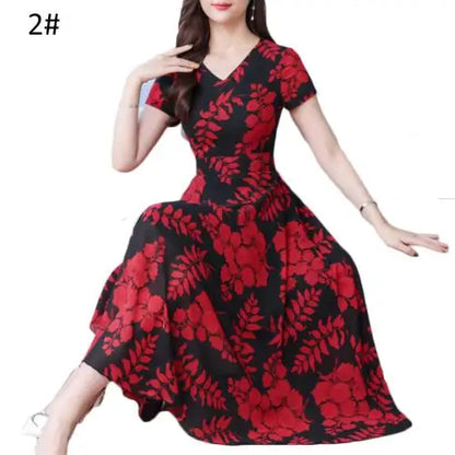 Summer Dress Women Floral Print Tight Waist Large Swing Loose Long Dress V-Neck Short Sleeve Maxi Dress