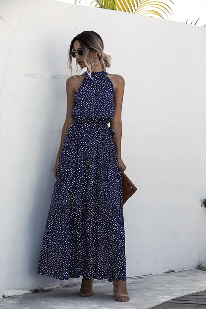 Summer Sexy Long Dress Women 2025 Fashion Sleeveless Print Flowers Polka-dot Halter Boho Dresses Women Casual Holiday Vestidos