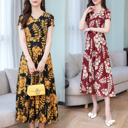 Summer Dress Women Floral Print Tight Waist Large Swing Loose Long Dress V-Neck Short Sleeve Maxi Dress