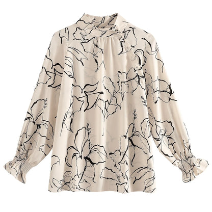 New Fashion Chiffon Long-sleeved Flared Sleeve Semi-turtleneck Print Solid-color Shirt  Female Casual Loose Blouse