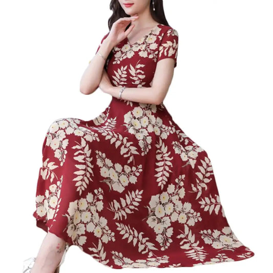 Summer Dress Women Floral Print Tight Waist Large Swing Loose Long Dress V-Neck Short Sleeve Maxi Dress