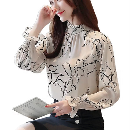 New Fashion Chiffon Long-sleeved Flared Sleeve Semi-turtleneck Print Solid-color Shirt  Female Casual Loose Blouse