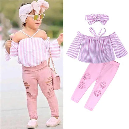 Girls Clothing Sets 2025 Summer New Children Girls Clothing Sets Kids Strapless Striped bowknot top + pants Suit Clothes TZ528