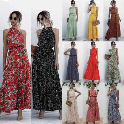 Summer Sexy Long Dress Women 2025 Fashion Sleeveless Print Flowers Polka-dot Halter Boho Dresses Women Casual Holiday Vestidos