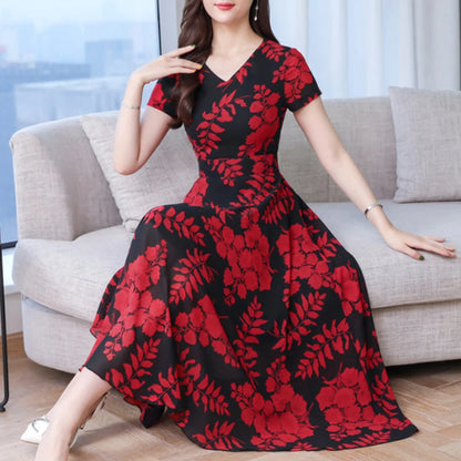Summer Dress Women Floral Print Tight Waist Large Swing Loose Long Dress V-Neck Short Sleeve Maxi Dress