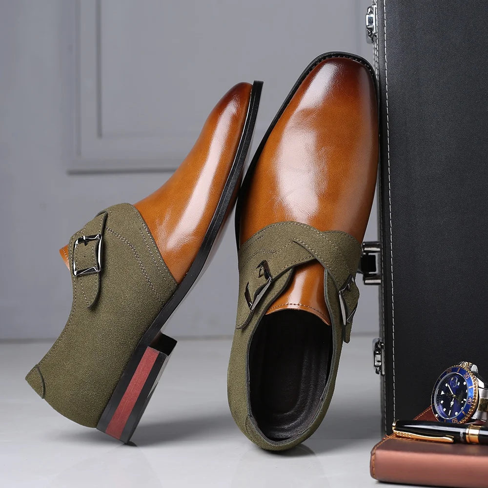 Men's Fashion Splicing Buckle Derby Shoes Men Leather Dress Shoes Wedding Party Shoes Mens Business Office Oxfords Slip-On Flats