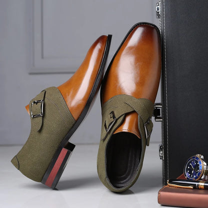 Men's Fashion Splicing Buckle Derby Shoes Men Leather Dress Shoes Wedding Party Shoes Mens Business Office Oxfords Slip-On Flats