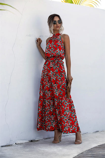 Summer Sexy Long Dress Women 2025 Fashion Sleeveless Print Flowers Polka-dot Halter Boho Dresses Women Casual Holiday Vestidos