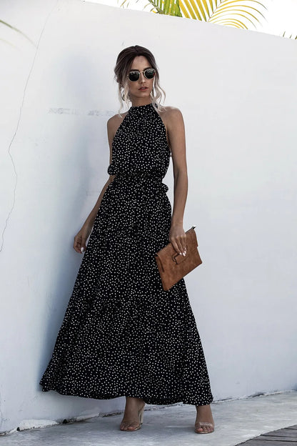Summer Sexy Long Dress Women 2025 Fashion Sleeveless Print Flowers Polka-dot Halter Boho Dresses Women Casual Holiday Vestidos