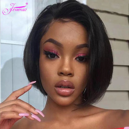 100% Human Hair 13X1 Short Pixie Cut Wigs Straight Bob HD Transparent Lace Frontal Wigs For Black Women 250Density Perruque