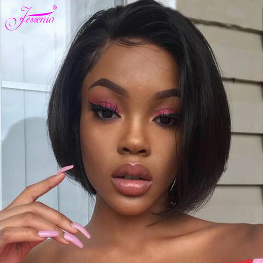 100% Human Hair 13X1 Short Pixie Cut Wigs Straight Bob HD Transparent Lace Frontal Wigs For Black Women 250Density Perruque
