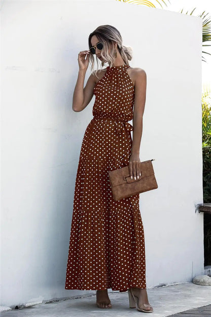 Summer Sexy Long Dress Women 2025 Fashion Sleeveless Print Flowers Polka-dot Halter Boho Dresses Women Casual Holiday Vestidos