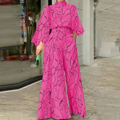 Female Temperament Leisure Print Long Sleeves Loose Jumpsuit Women Elegant Printed Jumpsuit