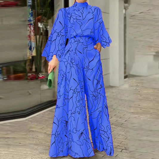 Female Temperament Leisure Print Long Sleeves Loose Jumpsuit Women Elegant Printed Jumpsuit