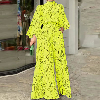 Female Temperament Leisure Print Long Sleeves Loose Jumpsuit Women Elegant Printed Jumpsuit