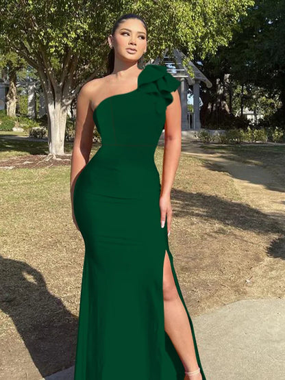New Summer One Shoulder Split Sexy Dress sleeveless Sloping Shoulders Dresses