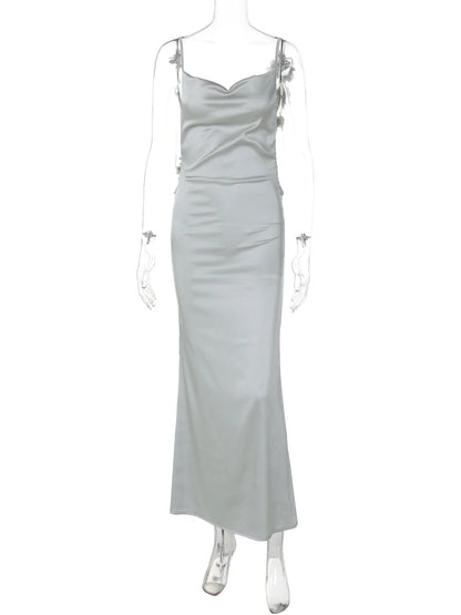 Hugcitar Elegant Satin Solid Slips Backless Tie Flowers Draped Sexy Slim Maxi Dress Spring Women Y2K Clothes Birthday Vacation