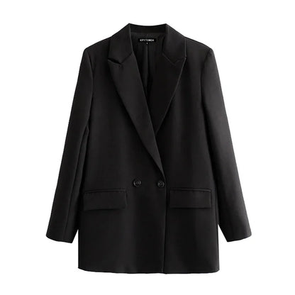 Women Black Blazer 2025 Fashion Office Wear Double Breasted Blazer Coat Vintage Long Sleeve Pockets Female Outerwear Chic Tops