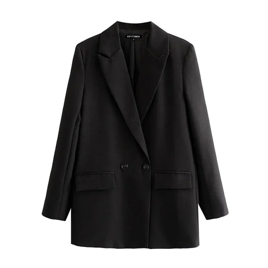 Women Black Blazer 2025 Fashion Office Wear Double Breasted Blazer Coat Vintage Long Sleeve Pockets Female Outerwear Chic Tops