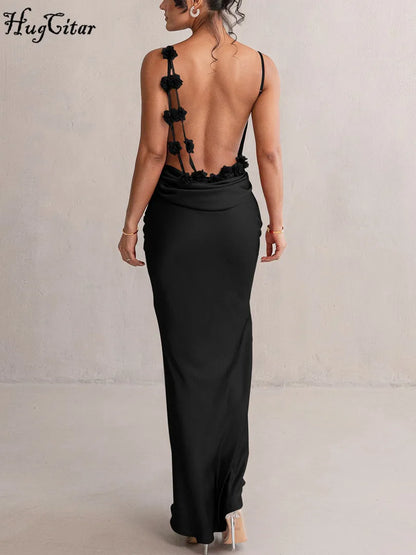 Hugcitar Elegant Satin Solid Slips Backless Tie Flowers Draped Sexy Slim Maxi Dress Spring Women Y2K Clothes Birthday Vacation