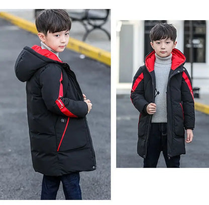 2025 Boys down Winter Thick Coat Teen Parka Children Plus Velvet Warm Jackets Fashion Hooded Outwear Kids Clothes 4 8 10 12 year