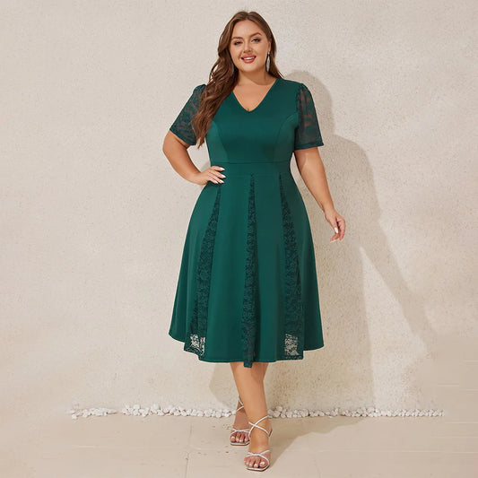 Plus Sizes Women's Elegant Solid Lace V-Neck Puff Sleeve A-Line Midi Dress Ladies Party Cocktail Evening Ball Gown Size 0XL-5XL