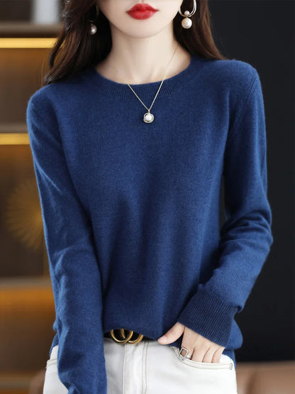 Autumn Winter Women Clothing Pullover New Fashion 100% Merino Wool Sweater Cashmere Tops Basic O-Neck Long Sleeve Knitwear