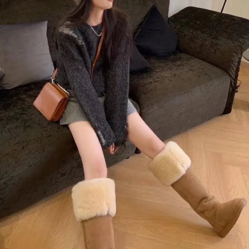 Winter women's boots over the knee long boots, super high tube sheepskin integrated snow boots, winter outdoor insulation