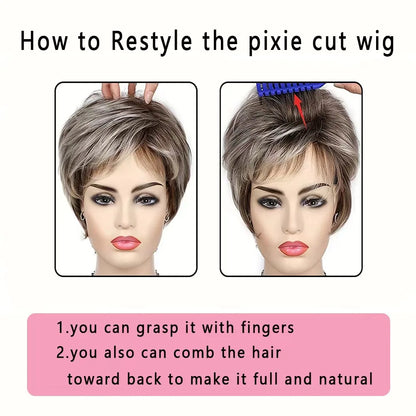 Short Synthetic Wig for Women Mixed Brown And Blonde Hair with Bangs Easy Care Non-Damaging Hairpiece