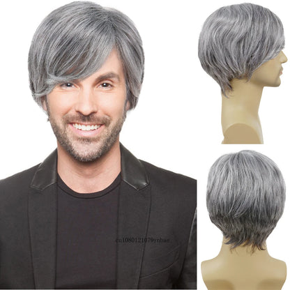 Short Wigs for Older Men Synthetic Grey Color Wig Toupees Natural Curly Wigs Daily Use Male Cosplay Costume Wig Hair Replacement