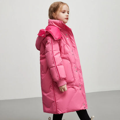 Kids Girls Winter Long Down Coat Contrast Color Double Wear Hooded White Duck Down Jacket 4-12Y Children Warm Outwears