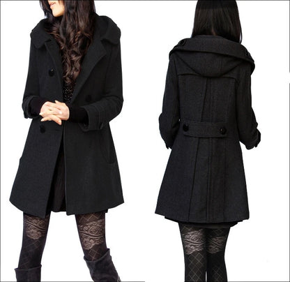 Chic Winter Coats and Jackets Women 2025 Winter Hooded Woolen Coat Wool Windbreaker Double-breasted Maxi Jacket Y2k Streetwear