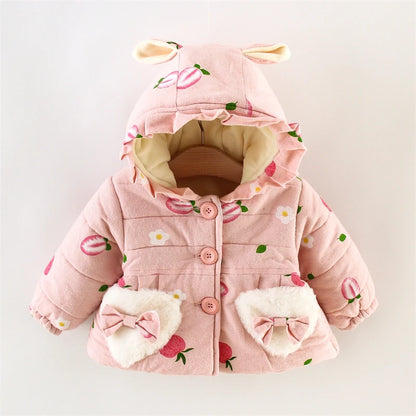 Winter Promotion Girls Coat Padded Jacket Furry Pocket Bow Long Sleeve Hooded Strawberry Cartoon Pattern Warm and Thick