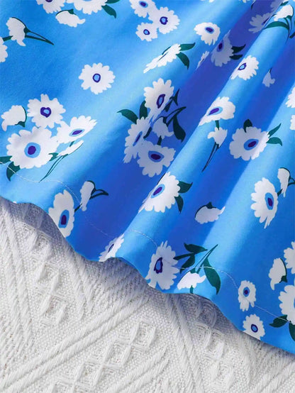 Girls' blue floral dress: light and comfortable, cool for summer, lively suspender design