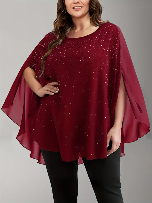 Plus Size Elegant Chiffon Crewneck Sequined Slit Sleeve Tops Office Lady Casual Vintage Summer T shirts for Women 2025 Tee Tops
